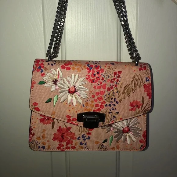 Embroidered floral vegan leather shoulder bag